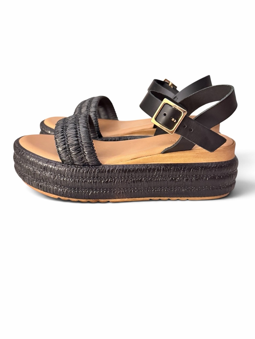 Bernie Mev Premium Made in Italy Black Raffia Leather Platform Sandals RARE